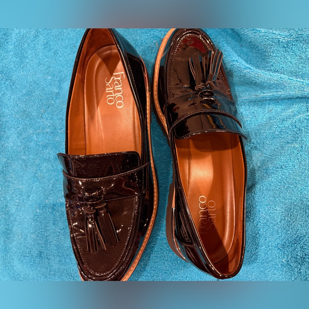 Franco Sarto Men’s Black Patent Tassel Loafers with Brown Insole